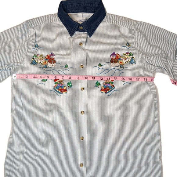VTG Denim Winter Christmas Snowman Bear Embroidered Button‎ Up Shirt Sz S 90s - Picture 7 of 8